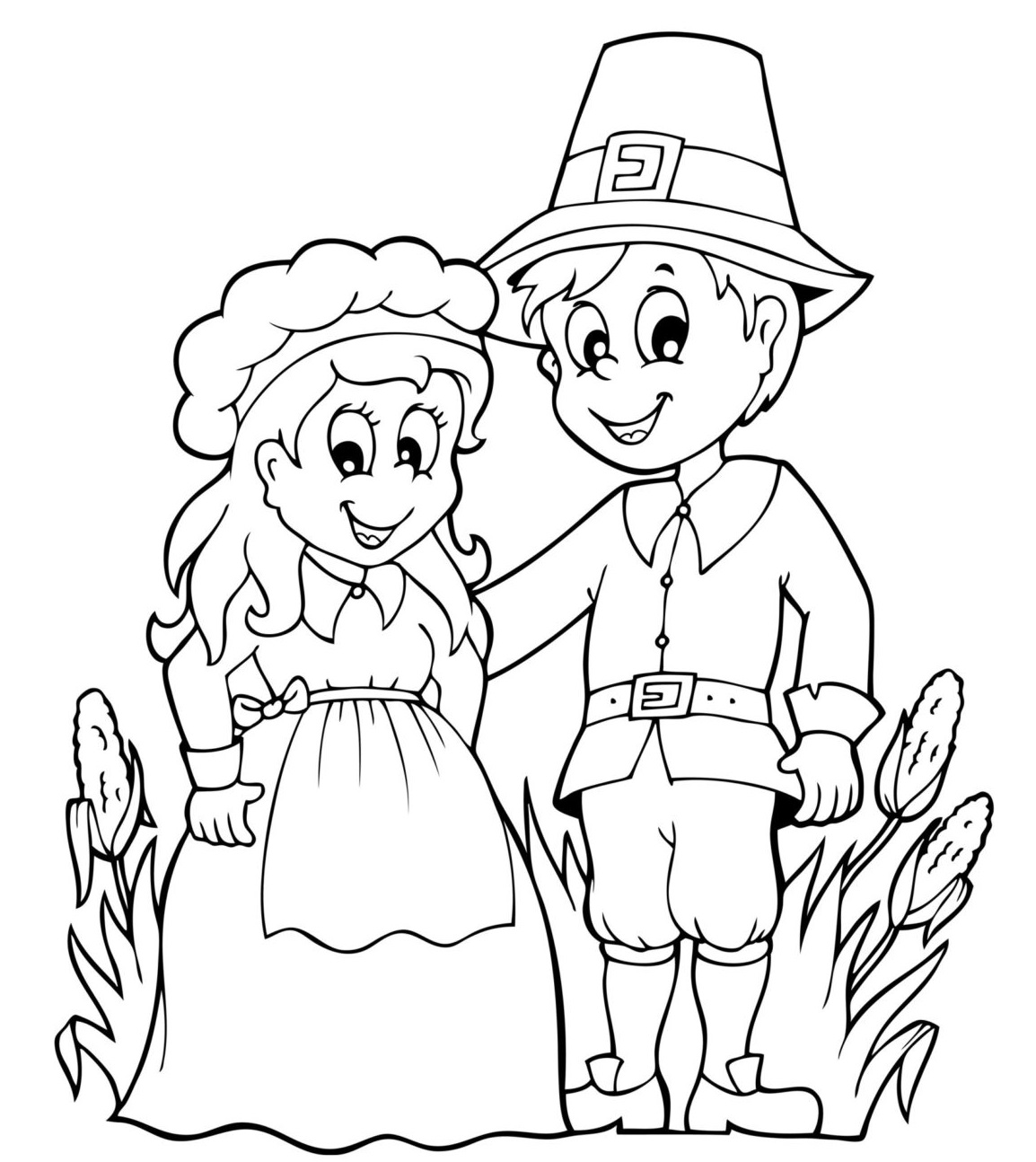 Pilgrim Couple For Thanksgiving Coloring Page