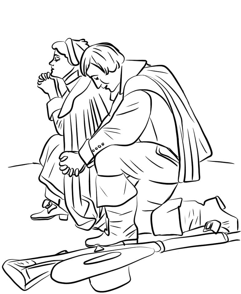 Pilgrim Couple Kneeling Coloring Page