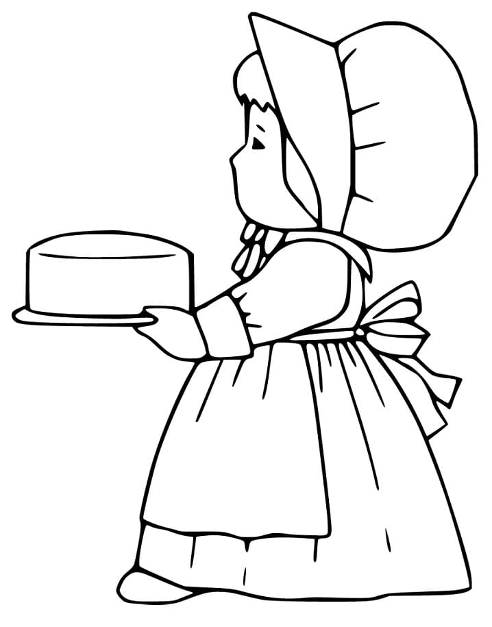 Pilgrim Girl and Cake Coloring Page