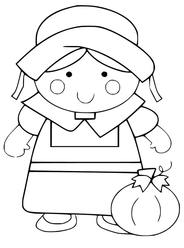 Pilgrim Girl and Pumpkin Coloring Page