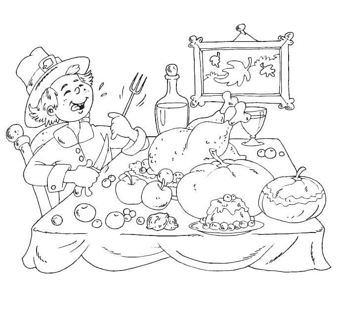 Pilgrim Thanksgiving Feast Coloring Page