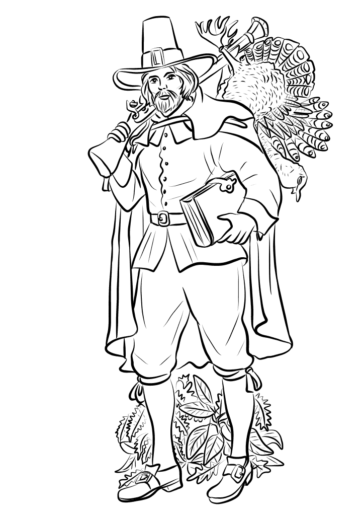 Pilgrim With Musket And Turkey Thanksgiving Coloring Page