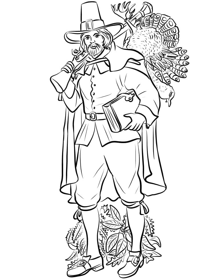 Pilgrim with Turkey Coloring Page
