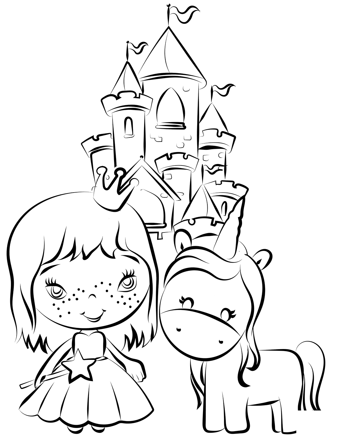 Pincess And Unicorn Near Castle Coloring Page