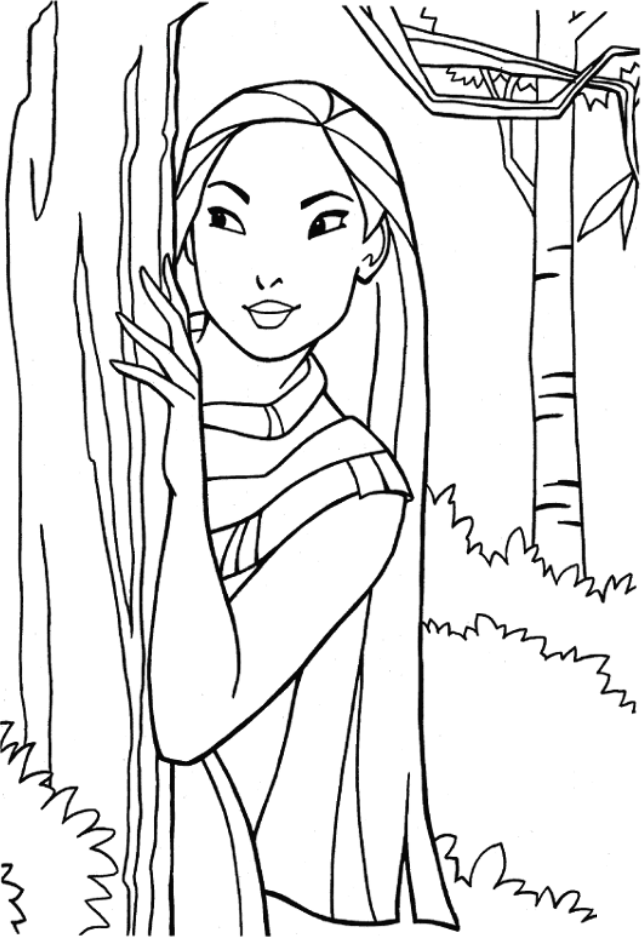 Pocahontas Behind Tree Coloring Page