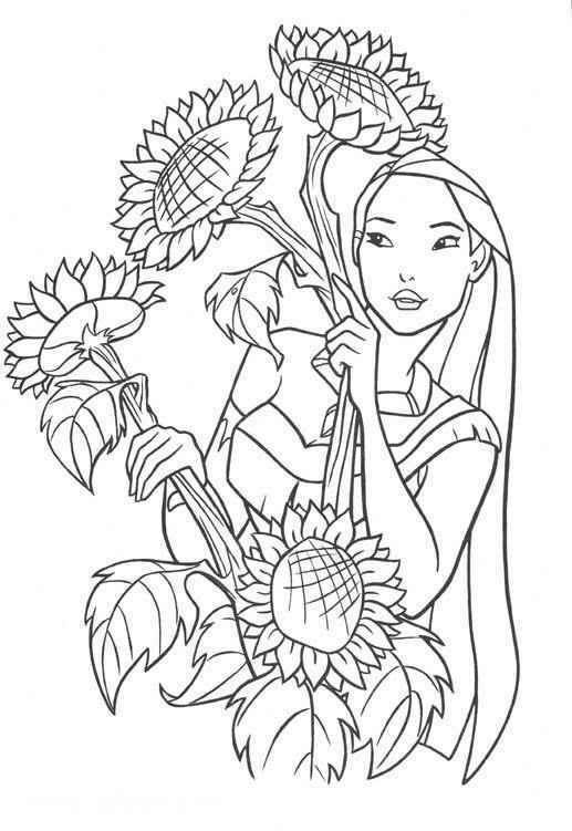 Pocahontas With Sunflowers Coloring Page