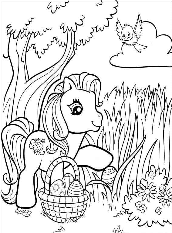Pony and Easter Basket Coloring Page