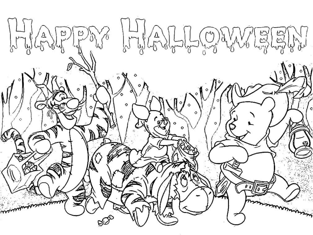 Pooh and Friends on Halloween Coloring Page