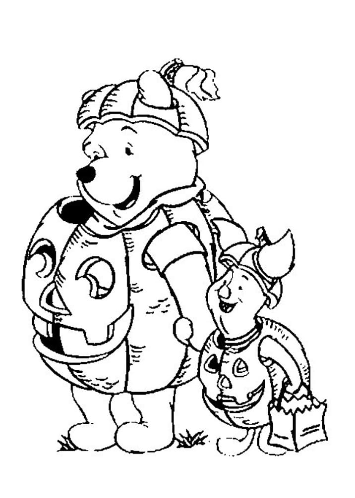 Pooh with Piglet on Halloween Coloring Page