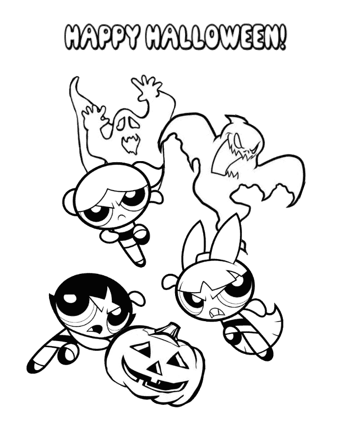 Powerpuff Girls And Halloween Ghosts Coloring Page
