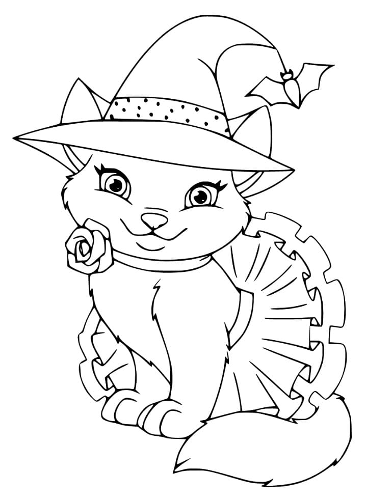 Pretty Hallween Cat Coloring Page