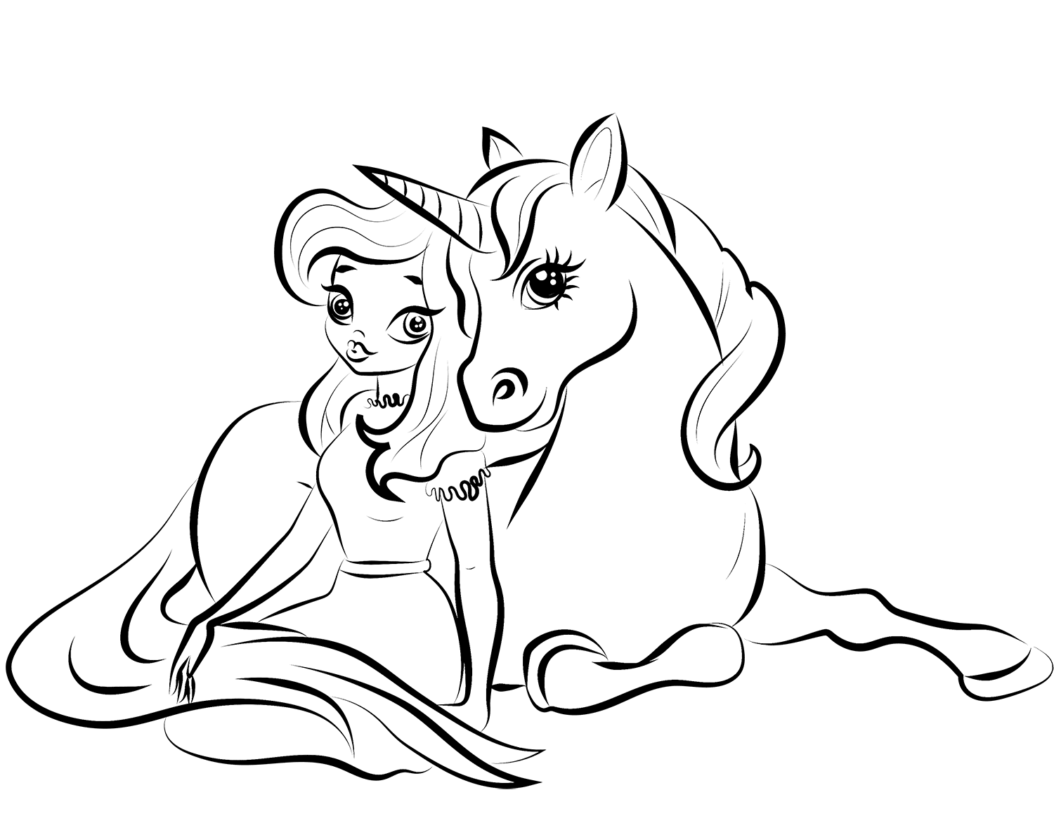 Princess With Unicorn 2 Coloring Page