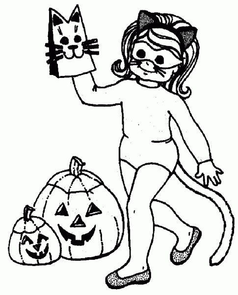 Pumpkin And Costume Girl Halloween Coloring Page