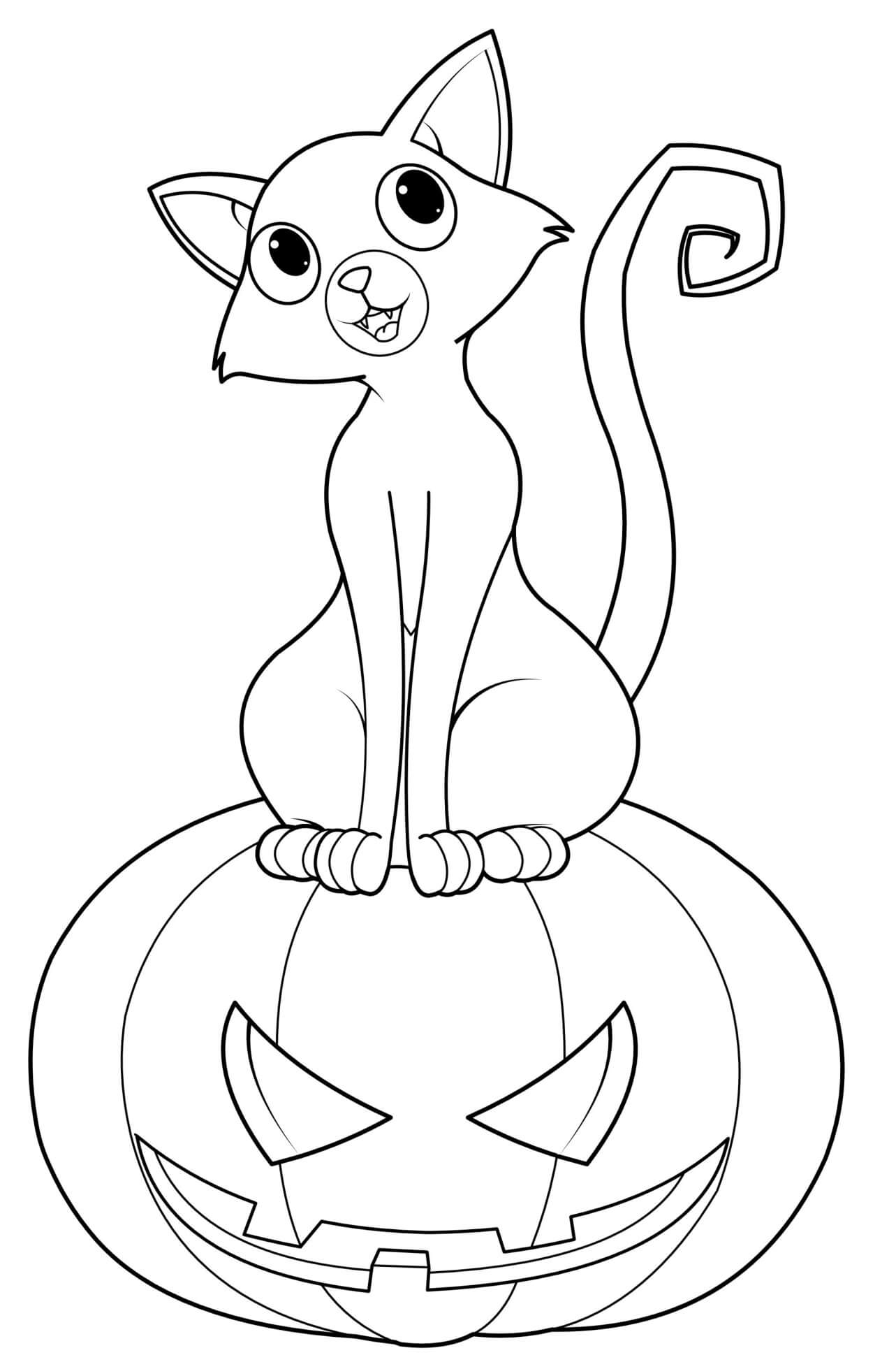 Pumpkin Cat On Carved Pumpkin Coloring Page