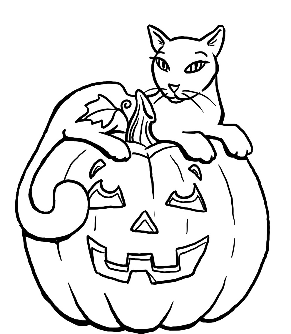 Pumpkin Halloween Black Cat For Kids Coloring Page