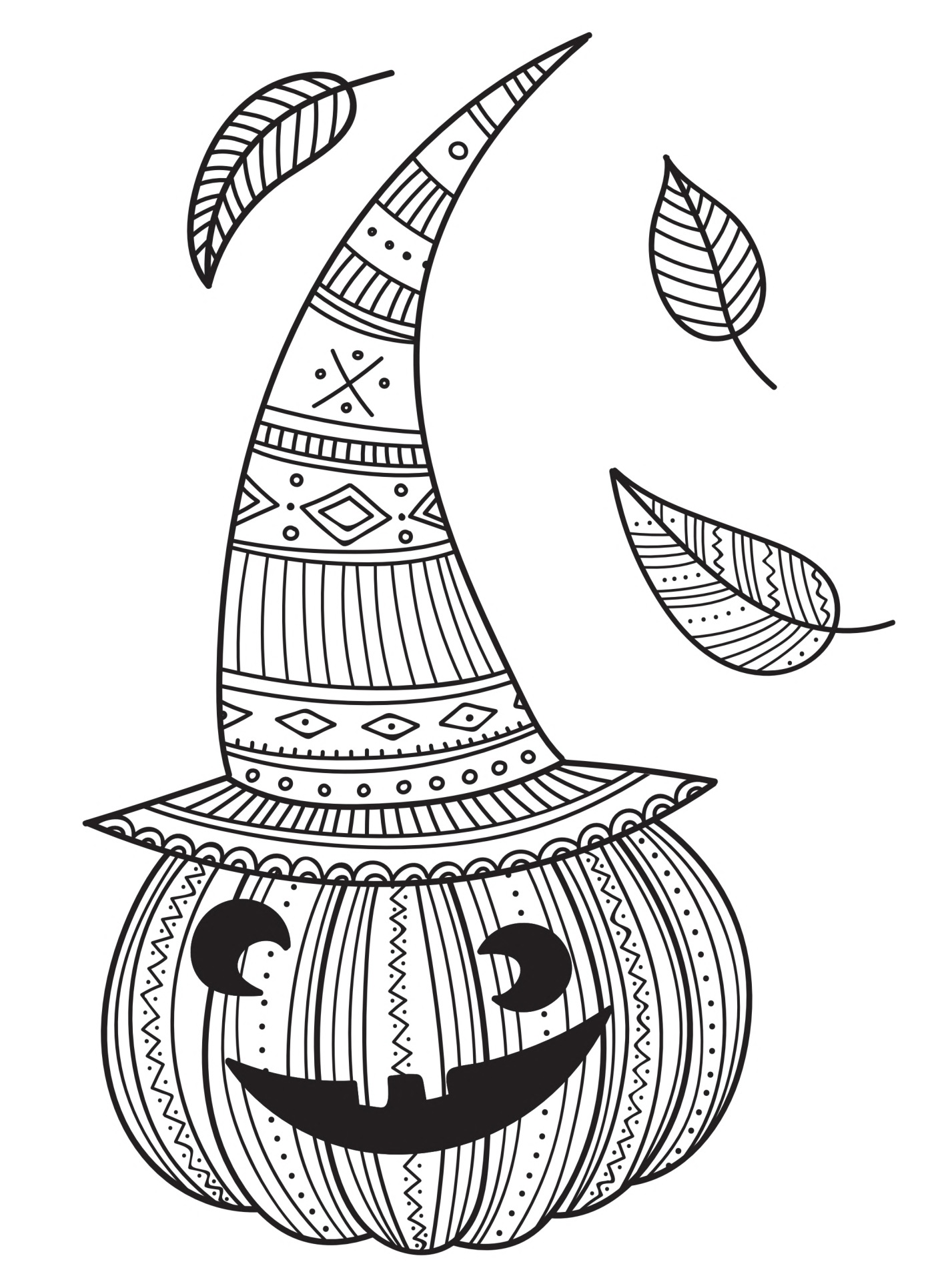 Pumpkin Intricate Pattern Carved Pumpkin Wearing Hat Falling Leaves Coloring Page