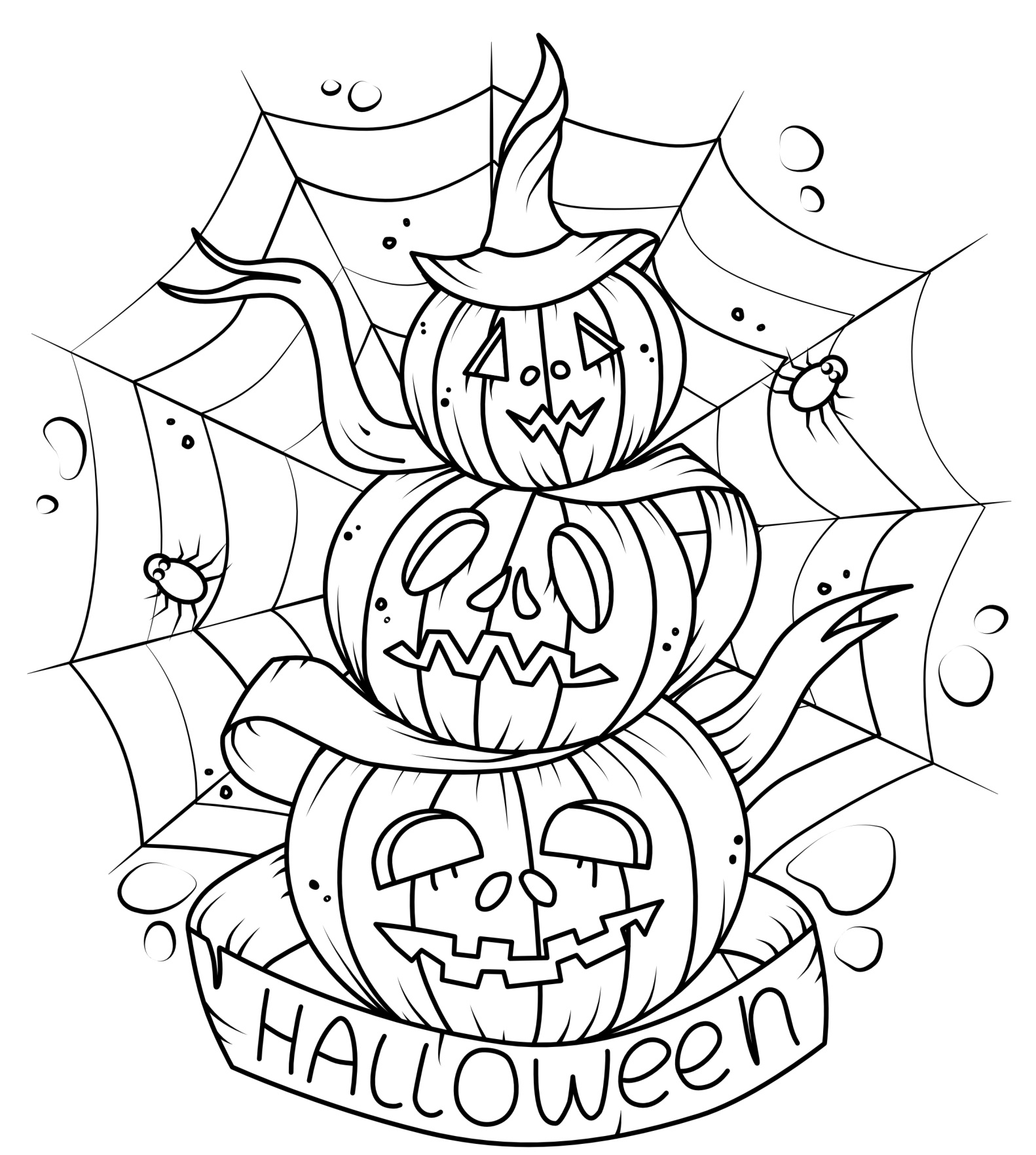 Pumpkin Scary Pile Of Pumpkins Spiders Web Coloring Page