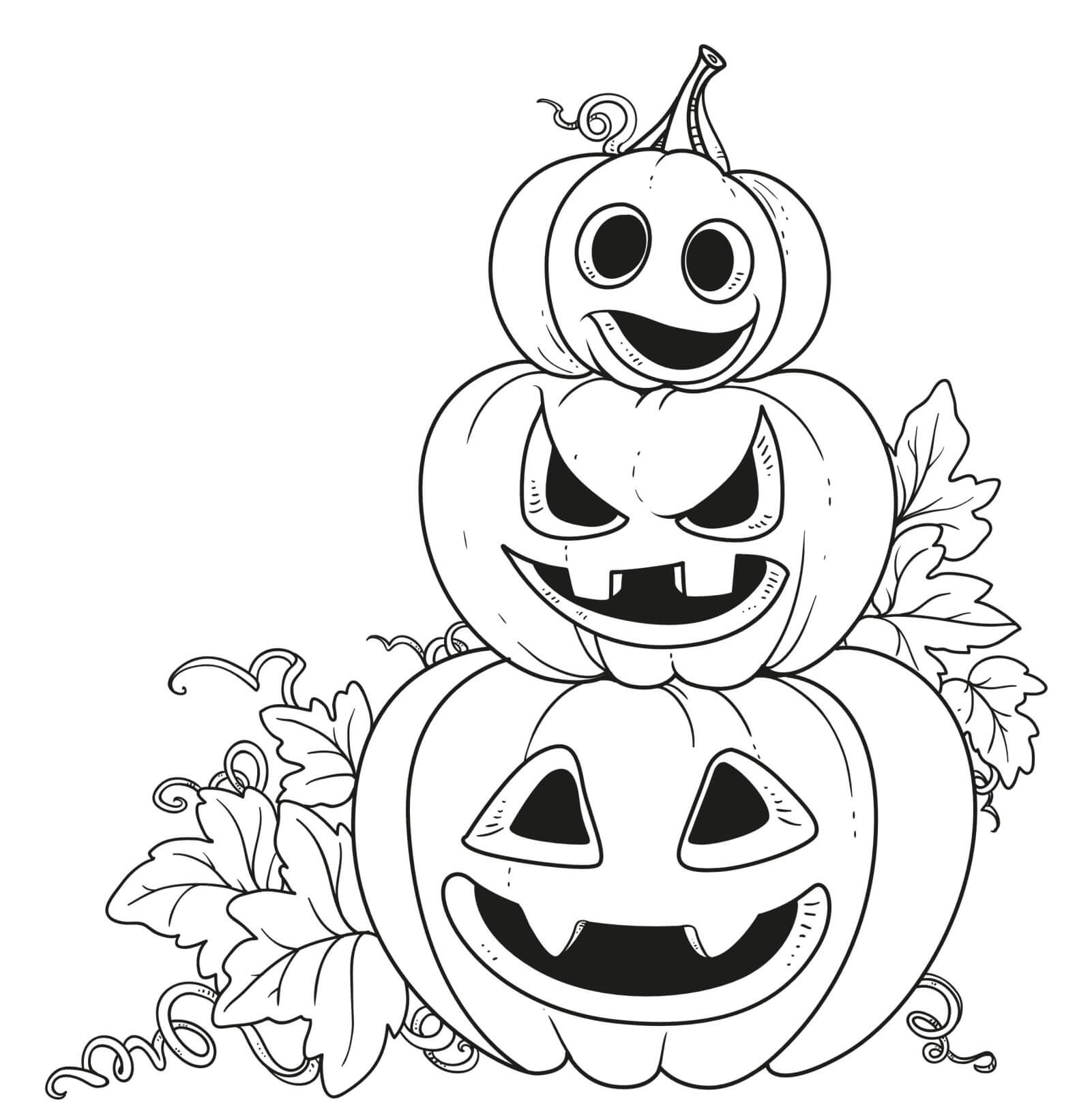Pumpkin Stack Of Carved Pumpkins With Vine Coloring Page
