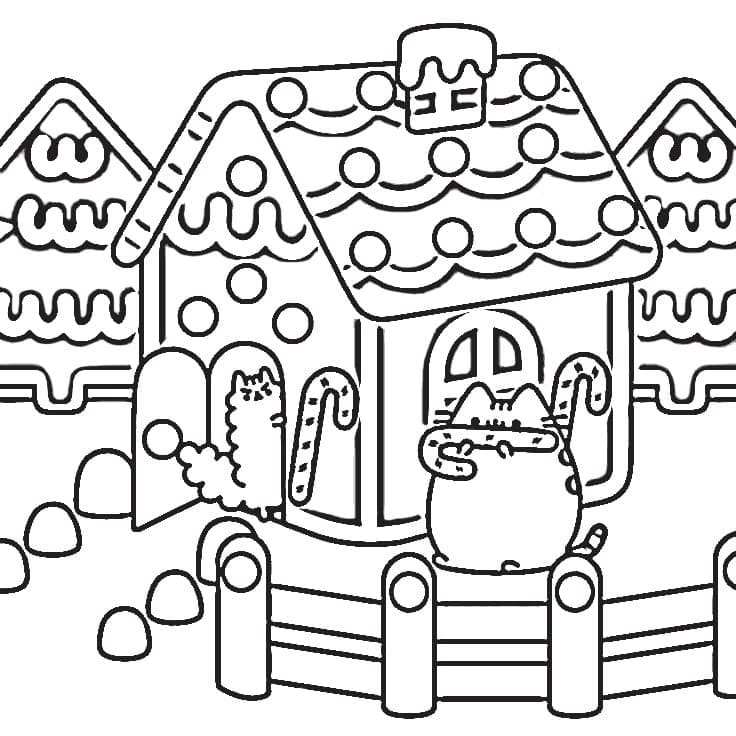 Pusheen and Gingerbread House Coloring Page