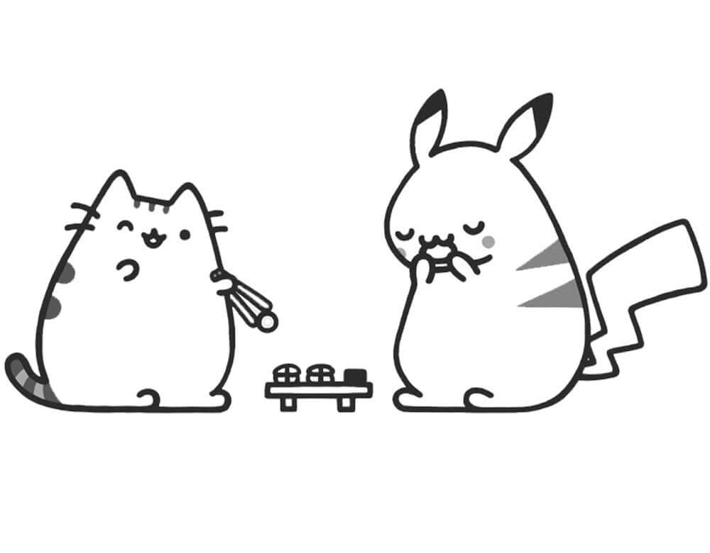 Pusheen and Pikachu Coloring Page