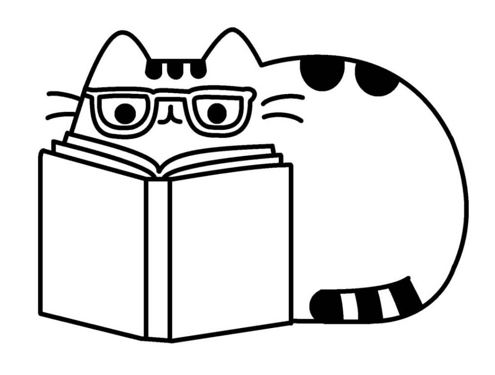 Pusheen Reading Book Coloring Page
