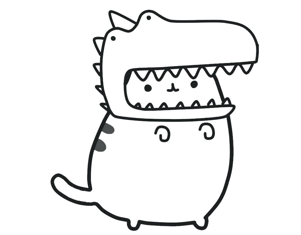 Pusheen Wearing Dinosaur Hat Coloring Page