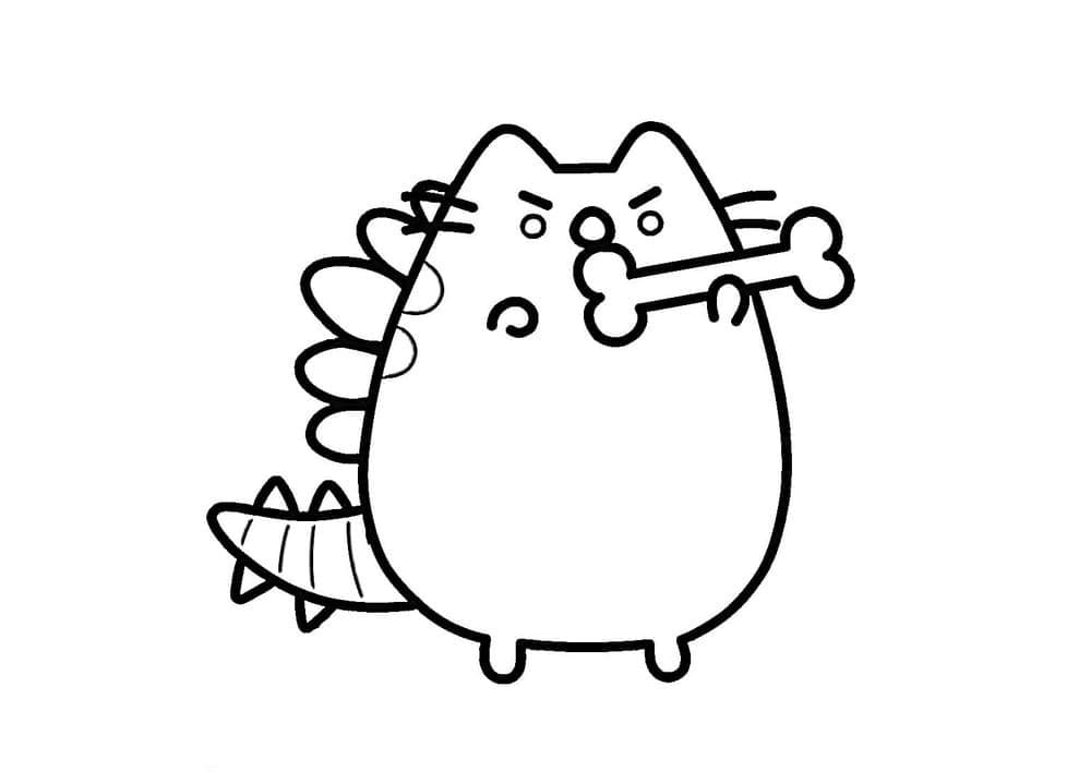 Pusheen with Bone Coloring Page