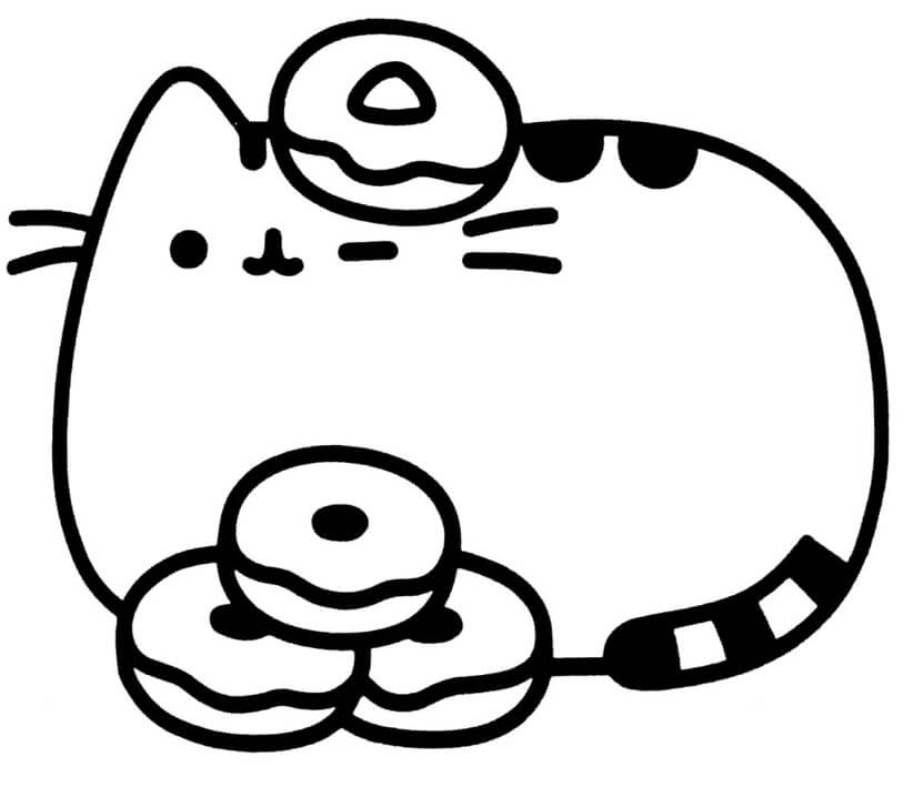 Pusheen with Donuts Coloring Page
