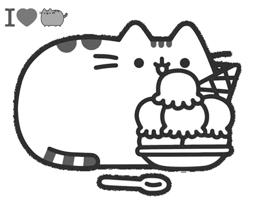Pusheen With Ice Cream Coloring Page