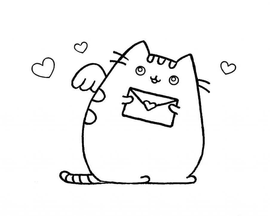 Pusheen with Love Letter Coloring Page