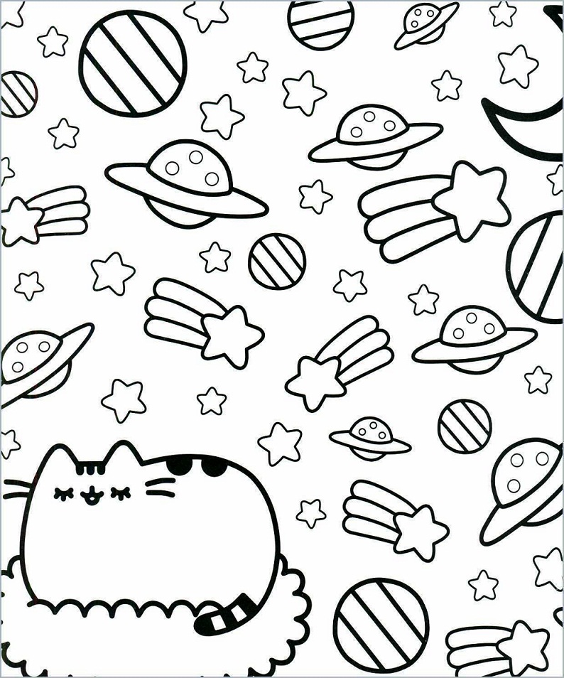Pusheen With Stars And Planets Coloring Page
