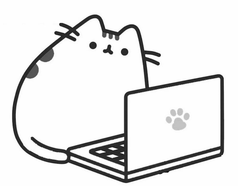 Pusheen Working With Laptop Coloring Page