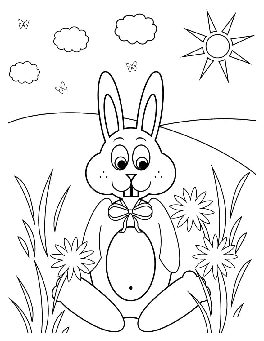 Rabbit on Flower Field Coloring Page