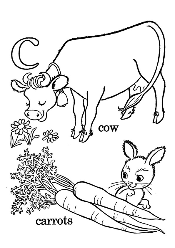 Rabbit With Carrots And Cow Coloring Page