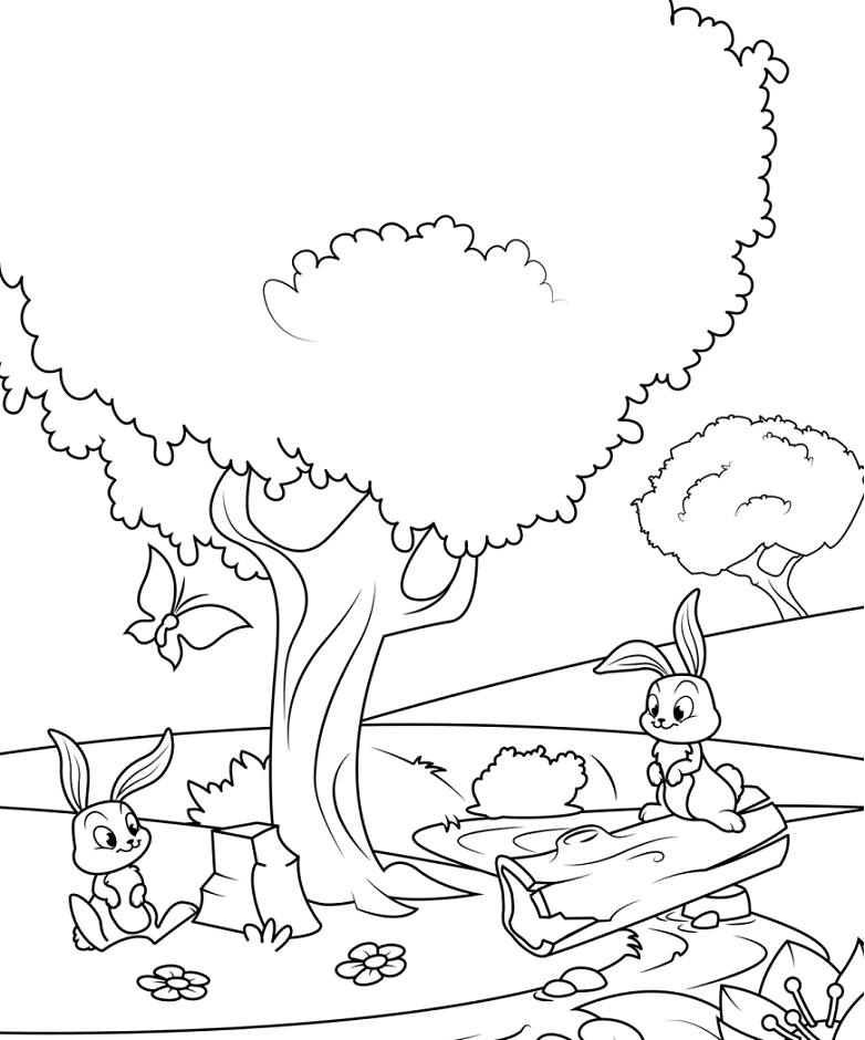 Rabbits Under The Tree Coloring Page