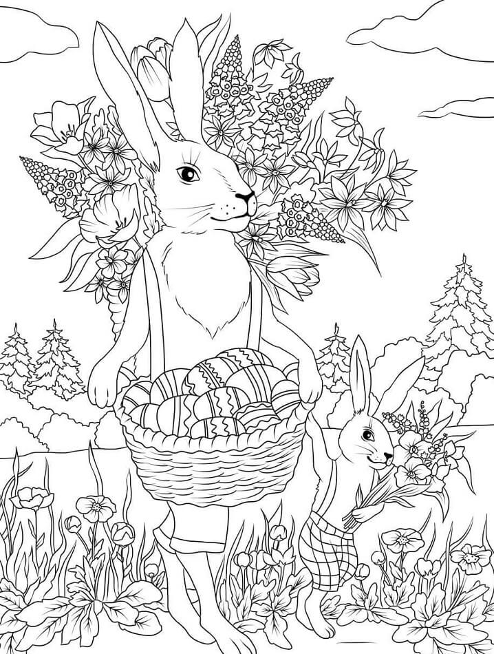 Rabbits with Easter Basket Coloring Page