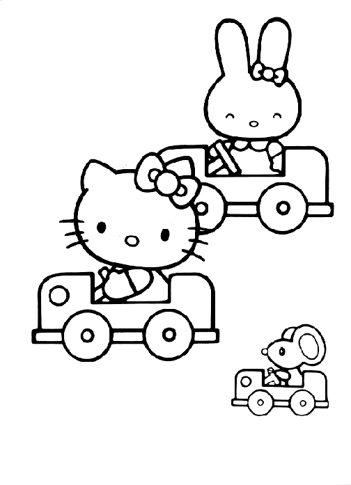 Racing Cars Hello Kitty  Free Coloring Page