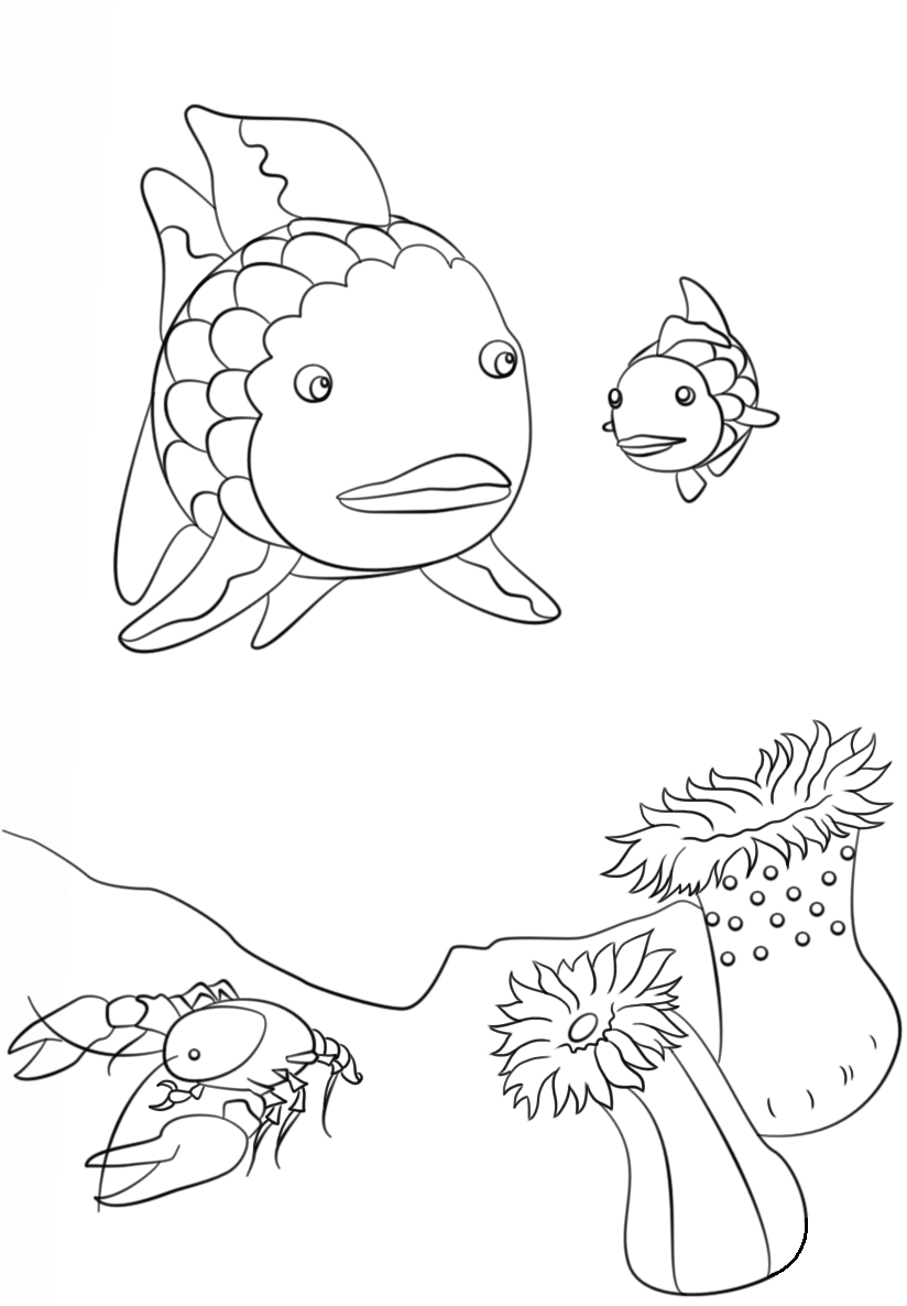 Rainbow Fish, Crawfish And Small Fish Coloring Page