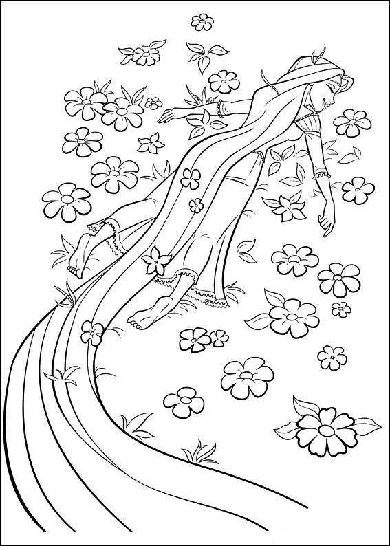 Rapunzel Lying On Flowers Coloring Page