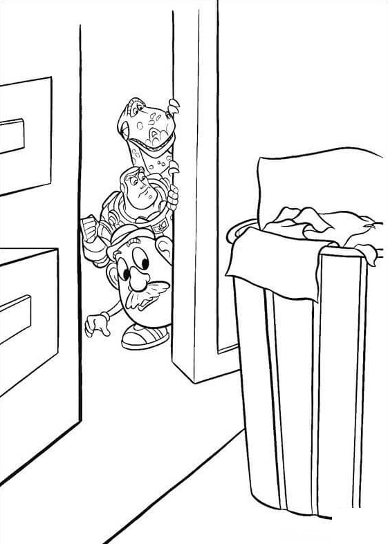 Rex Buzz And Mr Potato Head Are Hiding Behind The Door Coloring Page