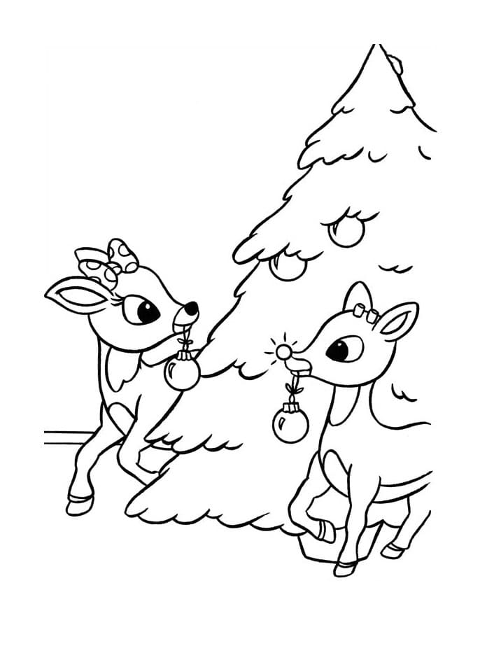 Rudolph and Christmas Tree Coloring Page