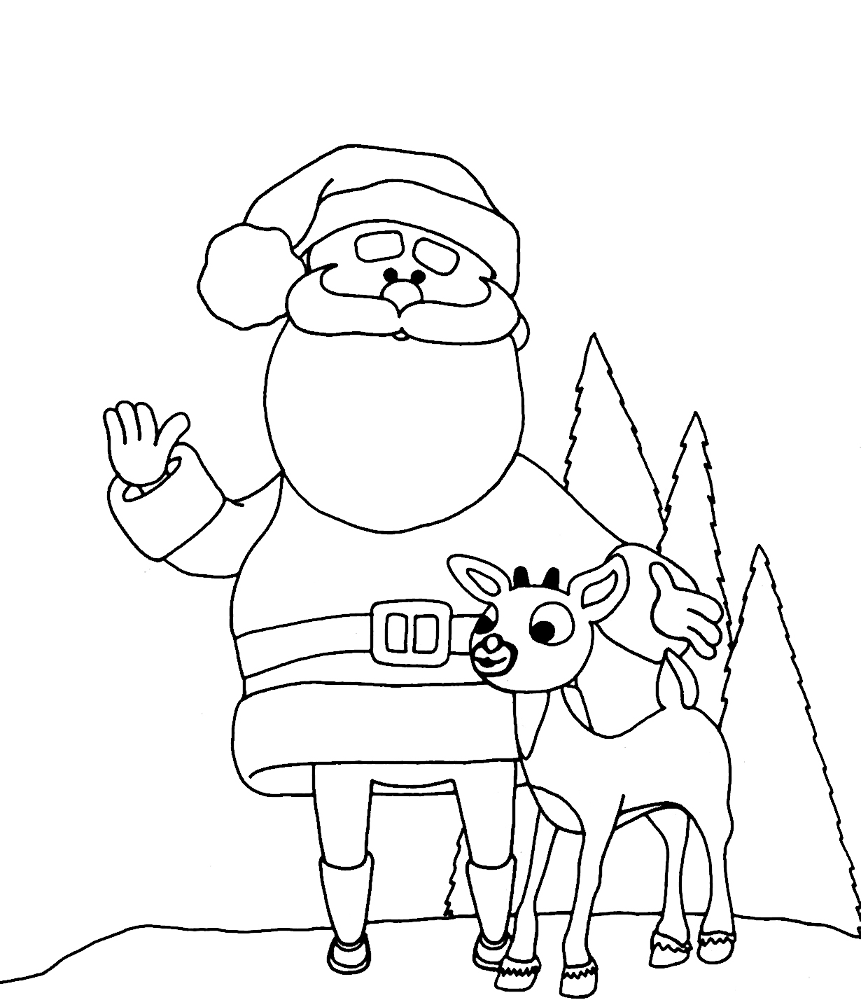 Santa and Reindeer for Kids Coloring Page