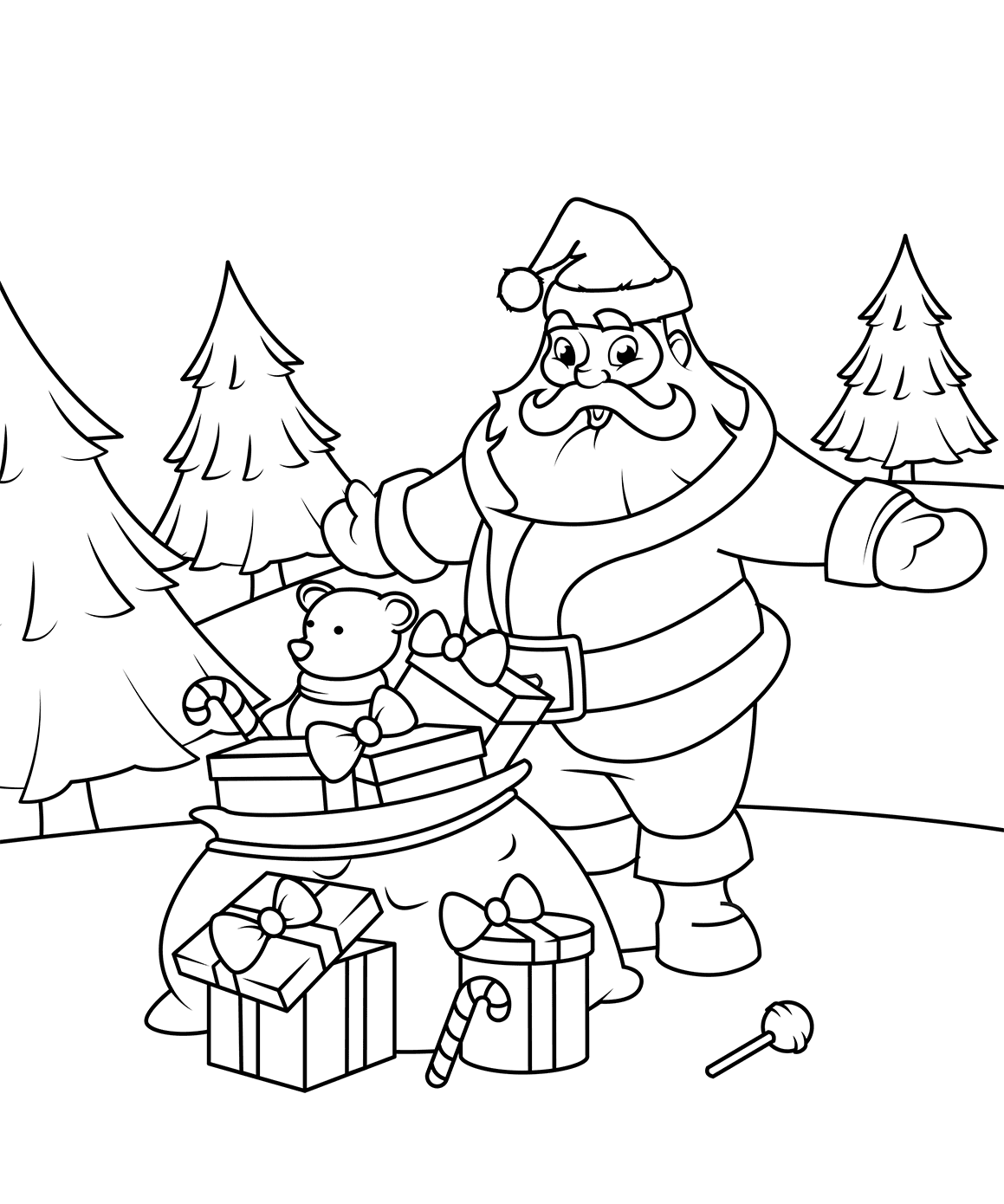 Santa Claus With Gifts Christmas Coloring Page