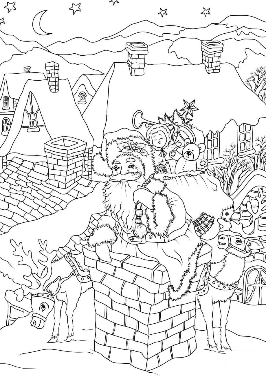 Santa Claus With Presents Is Entering The House Via The Chimney Christmas Coloring Page