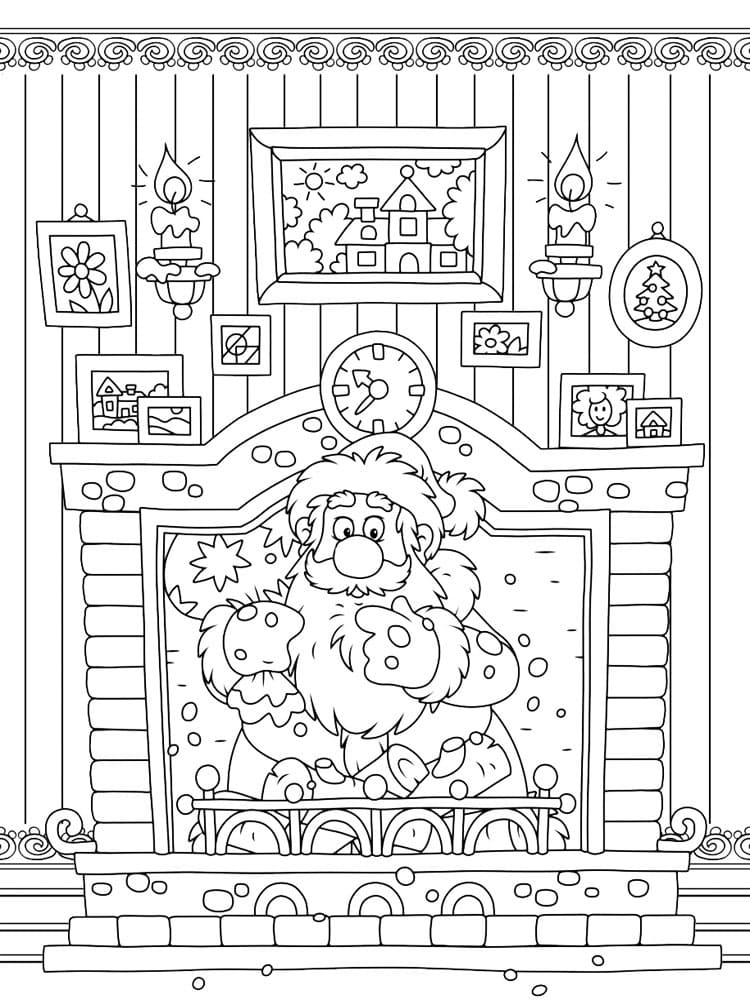 Santa in Fireplace Coloring Page