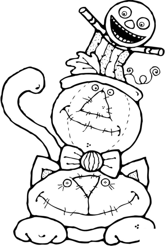 Scarecrow Sitting On A Cat Halloween Coloring Page