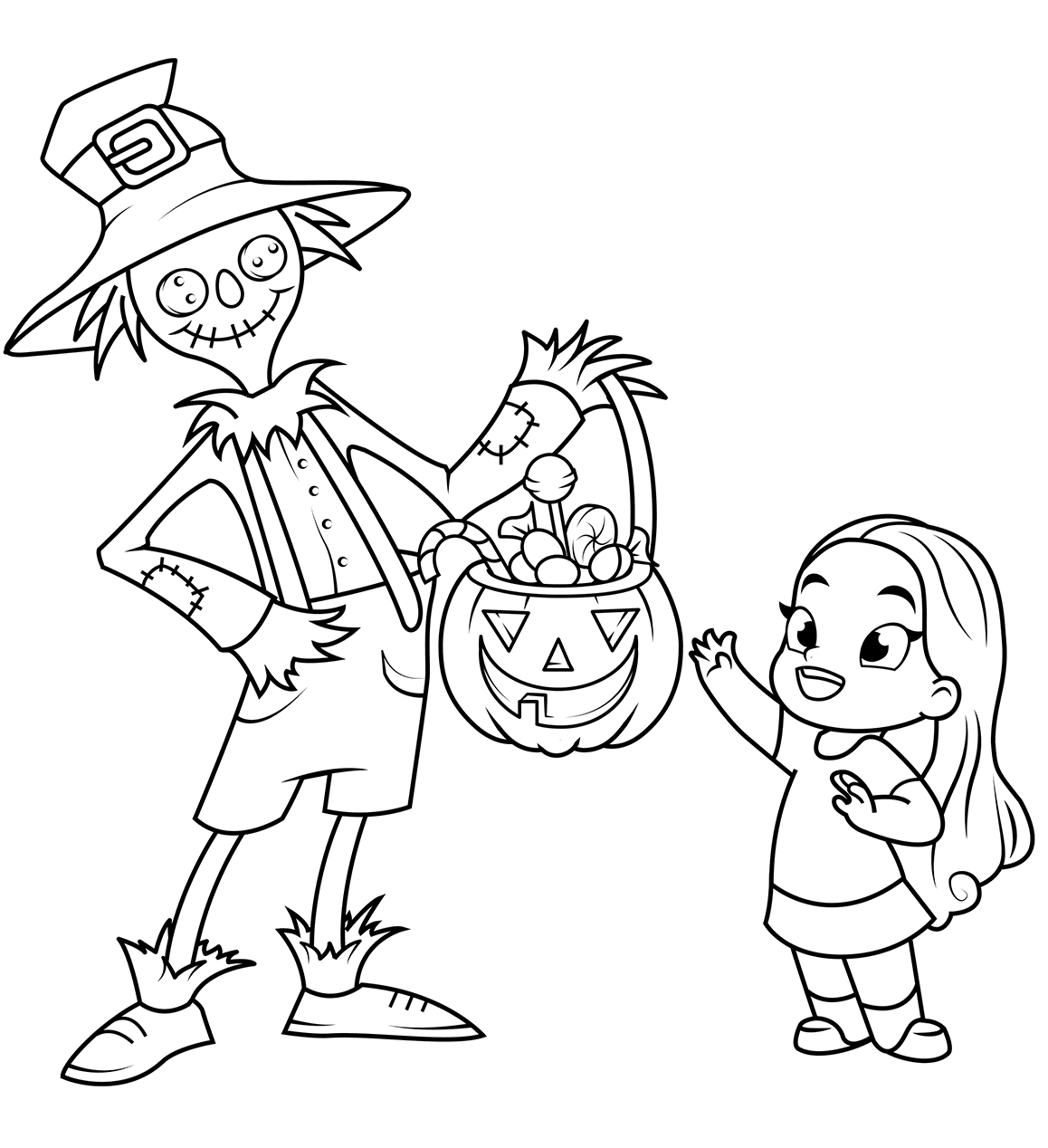 Scarecrow Treats A Little Girl With Sweets Halloween Coloring Page