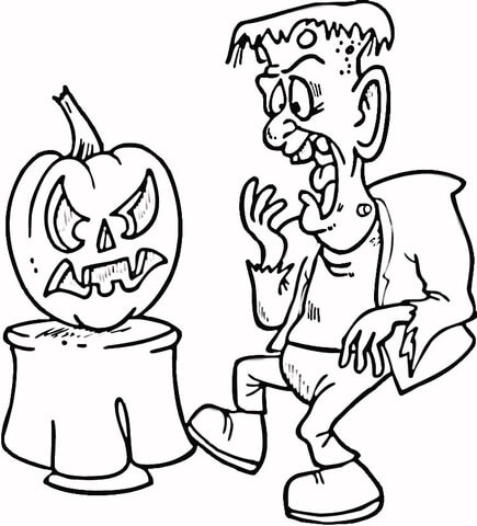 Scaring Frankenstein With Pumpkin Coloring Page