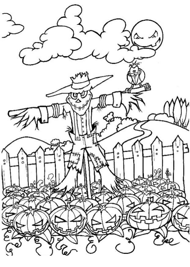 Scary Scarecrow And Pumpkin Halloween Coloring Page