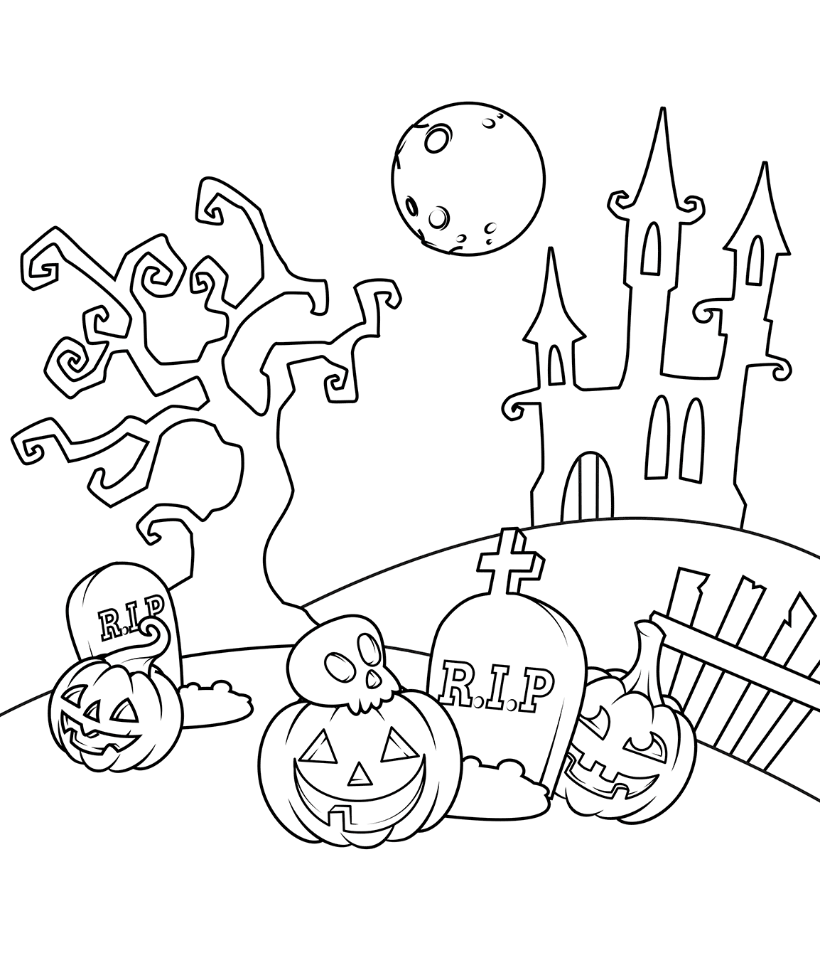Scene In The Cemetery Halloween Coloring Page